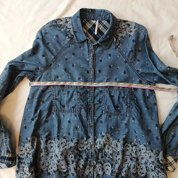 Free People Dottie Over You Chambray Button Up Floral and Plaid Blouse Medium - Picture 15 of 16